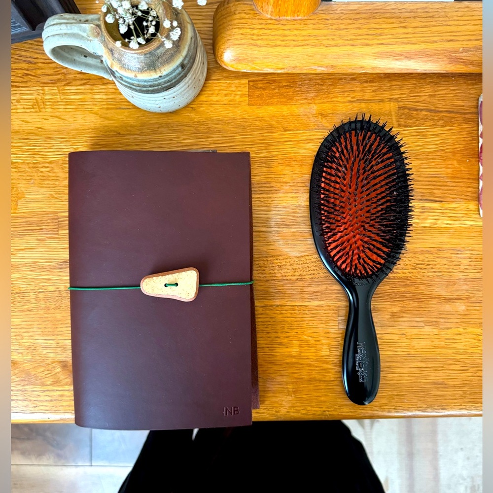 Mason Pearson Extra Large Bore Bristle Brush and Cleaning Brush | Dark Ruby